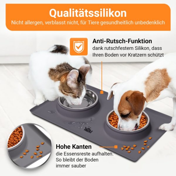Futternapf-Set für Katzen und Hunde Edelstahl 2x 400ml mit Silikonmatte Grau