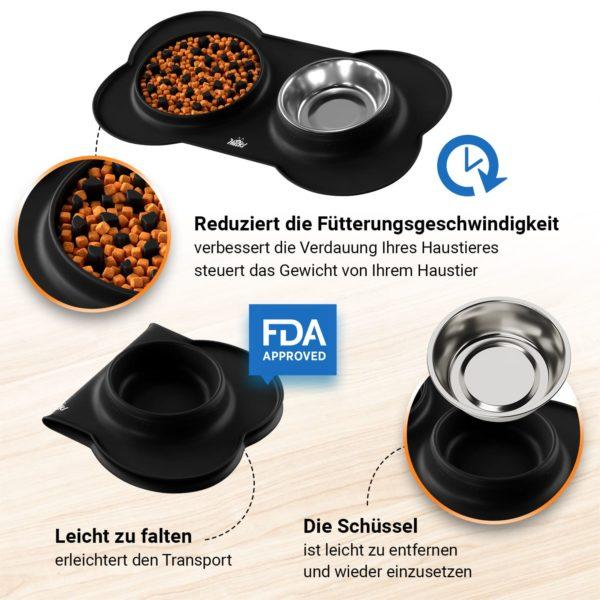 Antischlingnapf für Hunde mit Wassernapf 800ml und Unterlage Schwarz